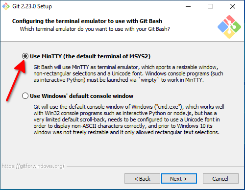 Langkah ke-8 Instalasi Git: Memilih Terminal Emulator untuk Git Bash (Configuring the terminal emulator to use with Git Bash)