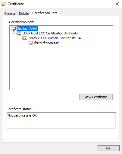 Hierarki/Rantai Sertifikat SSL/TLS dari ZeroSSL di Windows 10