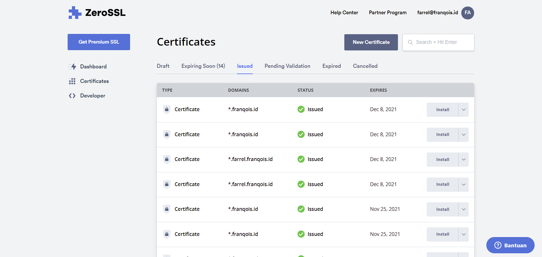 Cuplikan Layar mengenai sertifikat yang telah diterbitkan